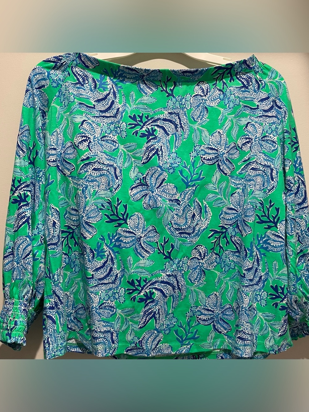 Lilly Pulitzer Women’s Leesa Off-Shoulder Top Cabana Green, Floral, EUC XL - Picture 3 of 5